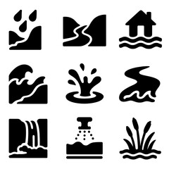Water Erosion Icons. Solid, filled icon set of erosion caused by water: rain, river flow, flood, waves, splash, stream, waterfall,