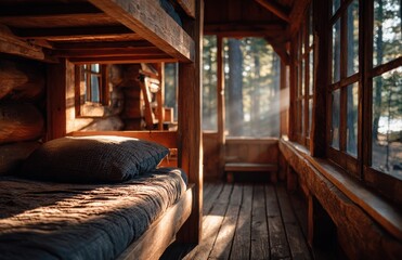Cozy bunk bed in rustic log cabin with forest view