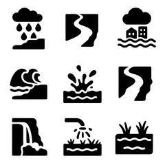 Water Erosion Icons. Solid, filled icon set of erosion caused by water: rain, river flow, flood, waves, splash, stream, waterfall,
