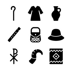 Shepherd Culture Icons. Solid, filled icon set of historical shepherd culture: ancient staff, traditional robe, clay pot, mountain
