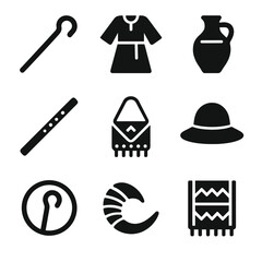 Shepherd Culture Icons. Solid, filled icon set of historical shepherd culture: ancient staff, traditional robe, clay pot, mountain
