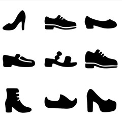 Wedding Shoe Icons. Solid, filled icon set of wedding footwear: bridal heels, groom’s oxford shoes, satin flats, loafers, jeweled