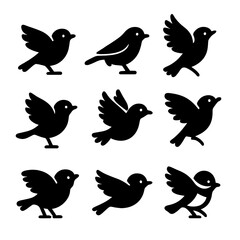 Obraz premium Small Birds in Motion. Solid, filled icon set of small birds in motion: robin flutter, finch hop, tit zoom, canary flap, warbler