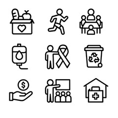Social Cause Icon Set. Solid, filled icon set of social cause activities: food bank, charity run, community meeting, blood