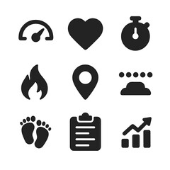 Workout Metrics Icons. Solid, filled icon set of elliptical machine workout metrics: speedometer, heart rate, time elapsed,