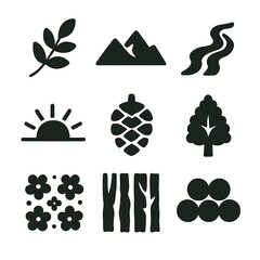 Nature Icon Collection. Solid, filled icons set of nature inspired graphic design: leafy branch, mountain