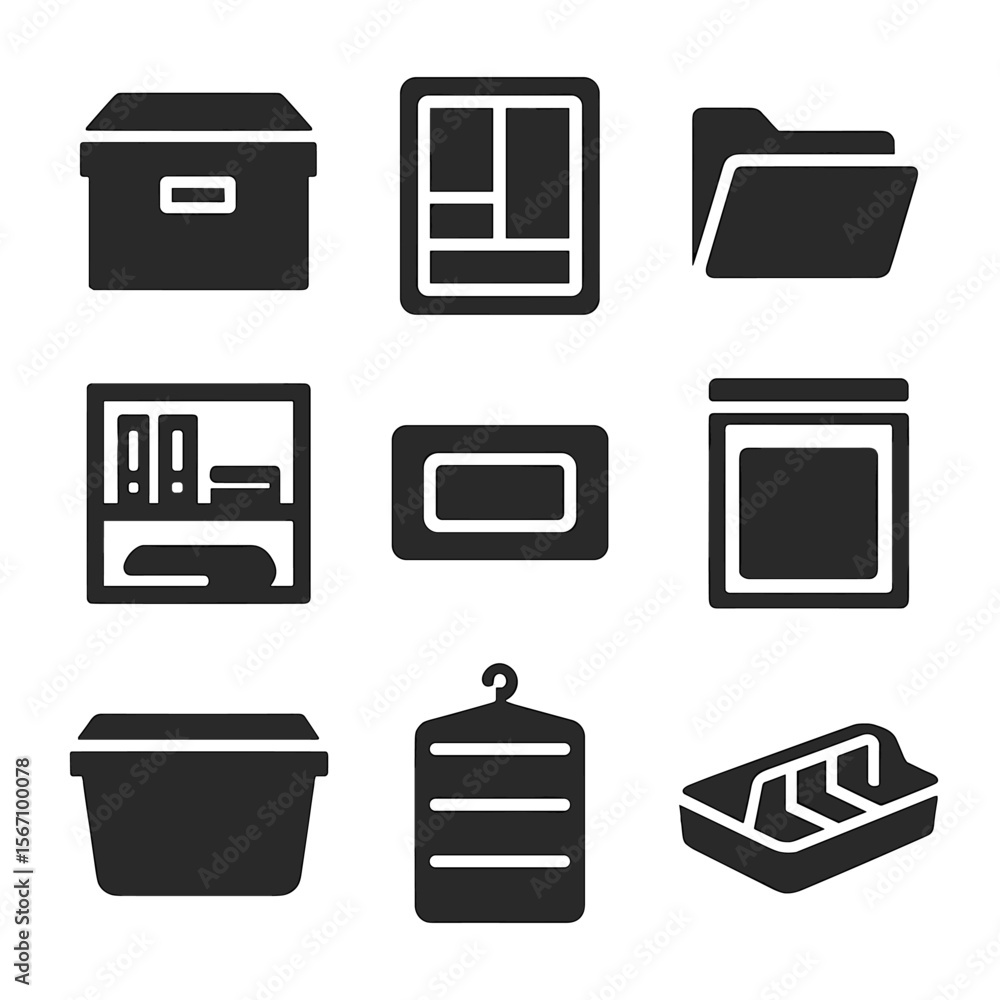 Poster storage icons grid. solid, filled icon set of organizing storage spaces: storage box, drawer divider
