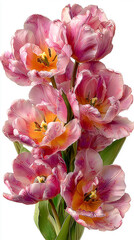 Obraz premium background of tulips in different shades of pastel pink, dancing together, with long stems, on white background