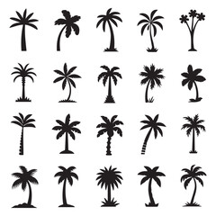 Collection of diverse black palm tree silhouettes on a white background