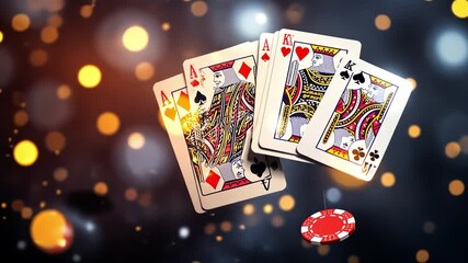 playing cards and poker chips in a gambling casino atmosphere, Playing cards suit falling, Colorful casino chips spin and tumble in a dynamic display, Poker Chips And Card
