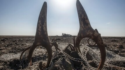 Fototapeta premium Rusty Claw-like Objects in Desert Landscape Under Bright Sunlight