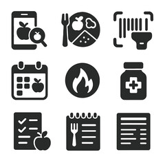 Nutrition Startup Icons. Solid, filled icons set of nutrition-focused health startups: food scanner app,