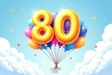 A vibrant illustration of golden 80 balloons floating amidst smaller balloons, set against a serene blue sky with fluffy white clouds and scattered confetti, symbolizing a 80th birthday celebration.