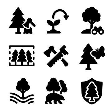 Sustainable Forestry Icons. Solid, filled icon set of sustainable forestry practices: selective logging, replanting, tree growth