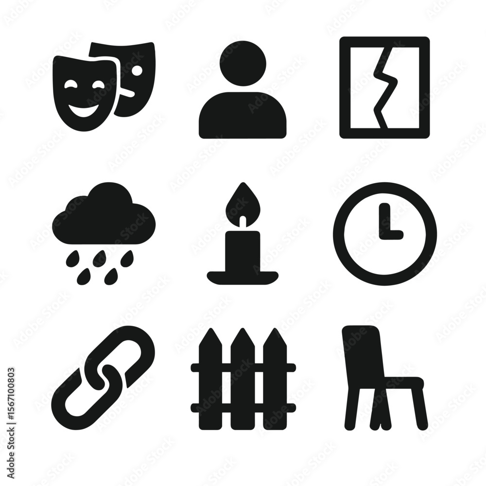 Poster symbolic emotions icons. solid, filled icon set of symbolic objects representing emotions: mask, sha