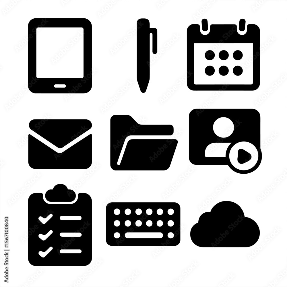 Poster tablet work icon set. solid, filled icon set of using a tablet for work tasks: tablet device, stylus