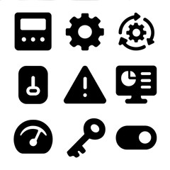 System Control Icons. Solid, filled icon set of controlling systems: control panel, settings gear, automation loop, command button