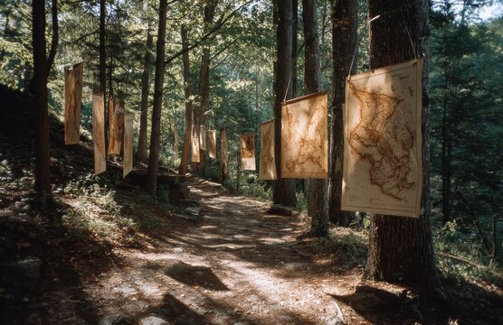 Maps hanging from trees in forest guiding explorers on path to discovery
