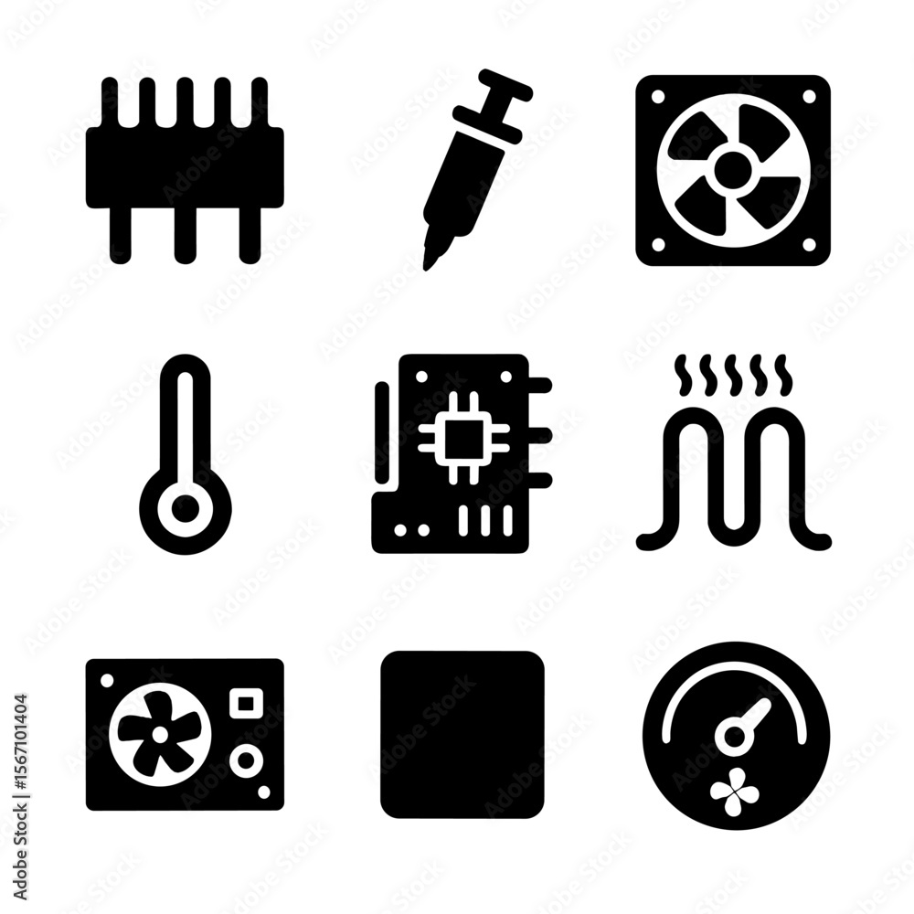 Poster temperature electronics icons. solid, filled icon set of temperature in electronics: cpu heat sink, 