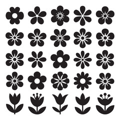 Collection of black flower silhouettes on white background for design