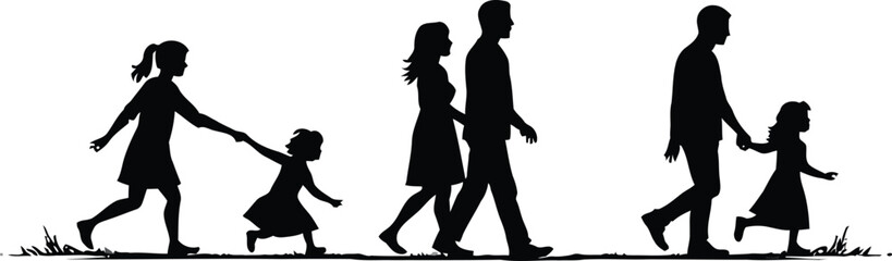Happy family silhouette grandparents walking granddaughter