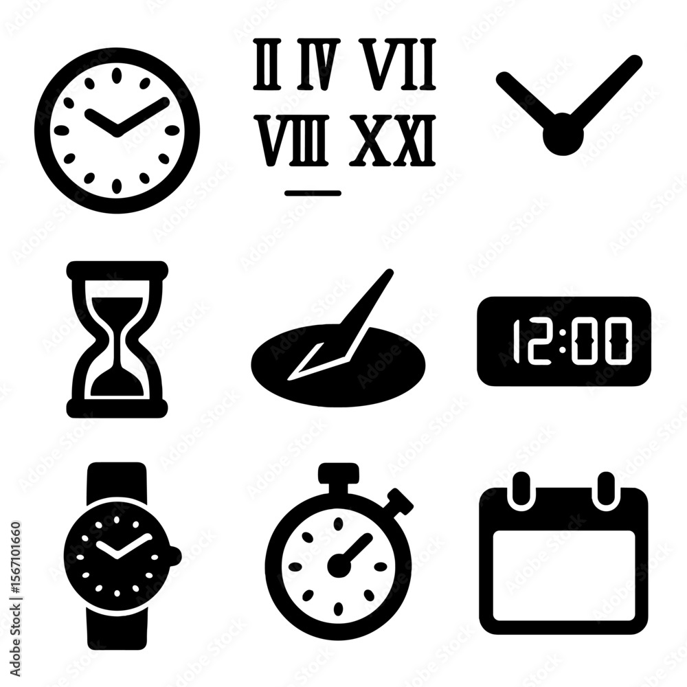 Poster timekeeping icons grid. solid, filled icon set of timekeeping elements: analog clock, roman numerals