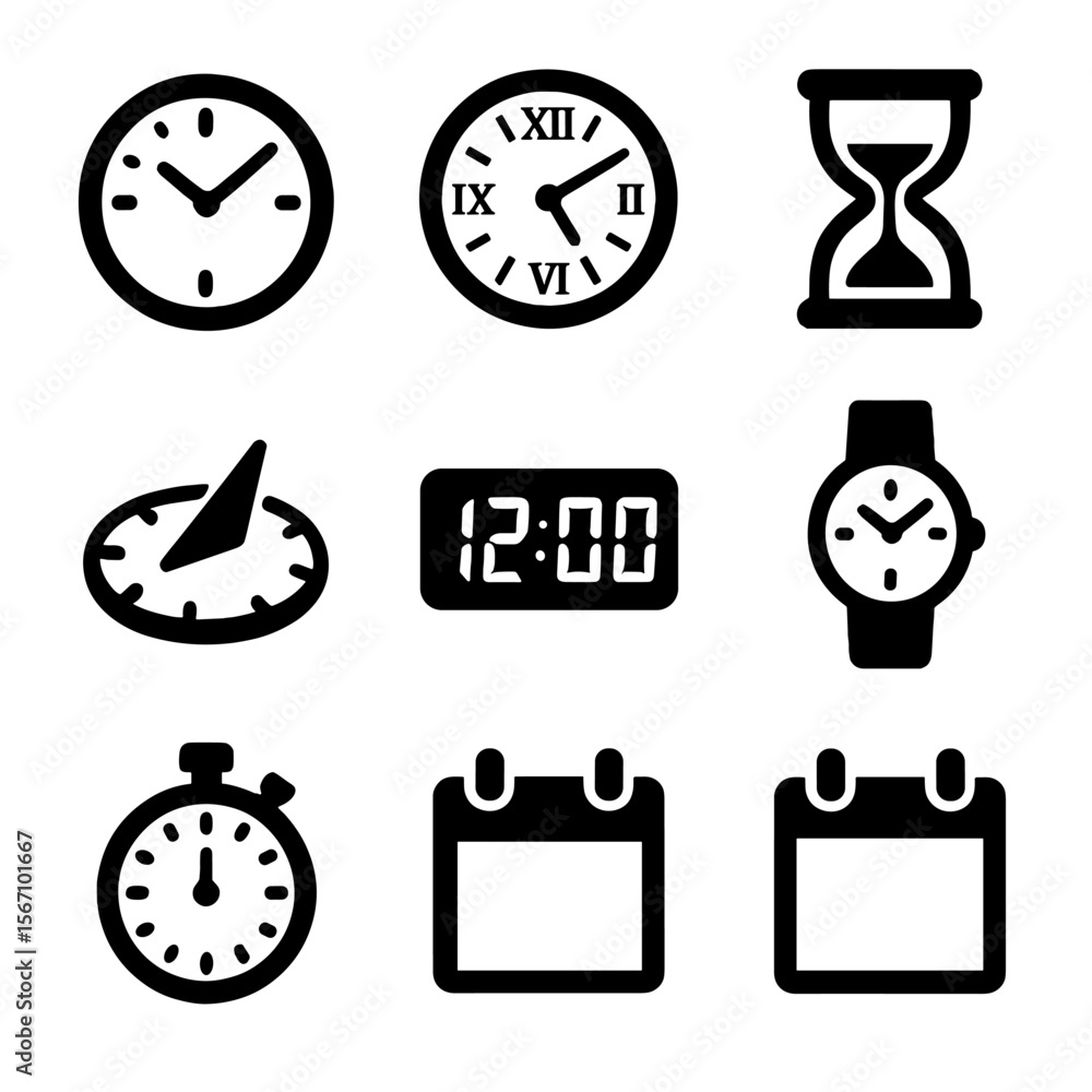 Poster timekeeping icons grid. solid, filled icon set of timekeeping elements: analog clock, roman numerals
