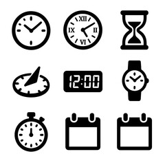 Timekeeping Icons Grid. Solid, filled icon set of timekeeping elements: analog clock, Roman numerals, clock hands, hourglass,