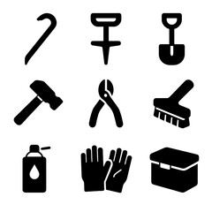 Fototapeta premium Tool Icon Set. Solid, filled icon set of stake removal and maintenance tools: crowbar, stake puller, shovel, hammer, wire cutter,