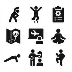 Training Icon Grid. Solid, filled icon set of training and preparation: warm-up stretch, jump simulation, gear checklist, jump