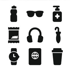 Travel Essentials Icons. Solid, filled icon set of personal items in a bag: water bottle, sunglasses, hand sanitizer, snacks,
