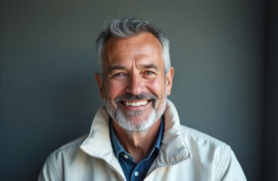 Portrait of attractive middle-aged man in his fifties, smiling at camera. Handsome senior with grey hair, beard wears jacket. Happy, confident, friendly mature male with beautiful eyes.