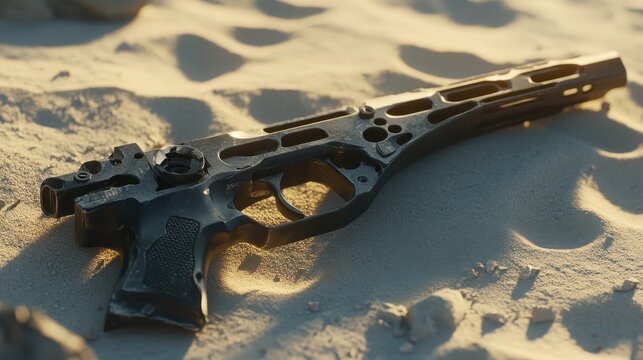 Futuristic Handgun Model Placed on Desert Sand with Warm Lighting
