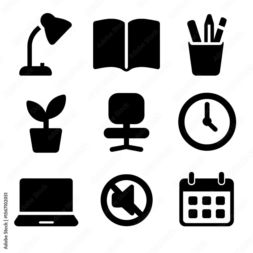 Aufkleber tutoring icon set. solid, filled icon set of tutoring environment setup: desk lamp, open notebook, c