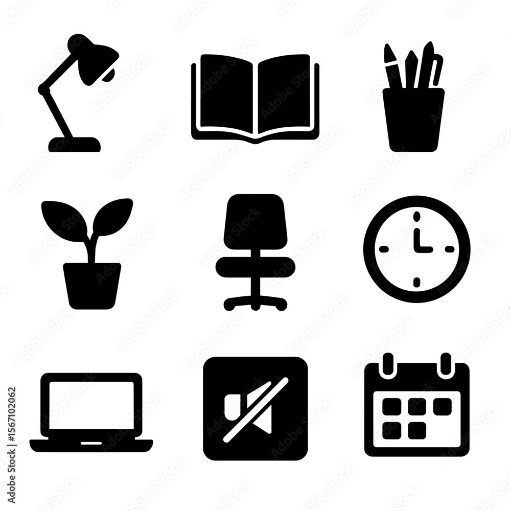 Poster tutoring icon set. solid, filled icon set of tutoring environment setup: desk lamp, open notebook, c