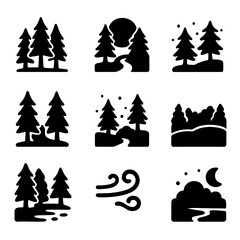 Twilight Forest Icons. Solid, filled icon set of twilight forest scenes: tall tree silhouettes, fading light, firefly glow,