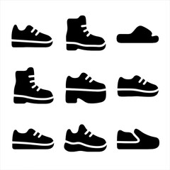 Urban Footwear Icons. Solid, filled icon set of footwear in urban fashion: sneakers, boots, slides, high-tops, platform shoes,