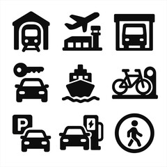 Urban Mobility Icons Grid. Solid, filled icon set of urban mobility hubs: train station, airport terminal, bus depot, car rental,