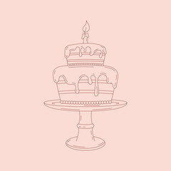 Line art of a large two-tier cake with candle on a stand. Perfect for birthday, celebration, bakery, and sweet dessert-themed designs. Minimalist pink background.

