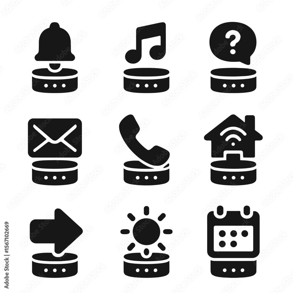 Poster voice assistant icons. solid, filled icon set of voice assistant features: setting reminders, playin