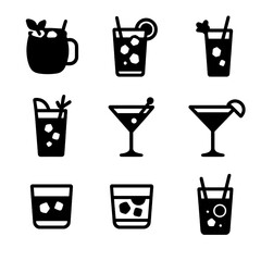 Vodka Cocktail Icons. Solid, filled icon set of vodka cocktails: Moscow mule, vodka tonic, screwdriver, bloody Mary, vodka martini