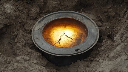 Glowing Circular Object in Earthy Surrounding with Cracked Surface