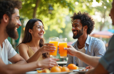 Multi-ethnic friends toast while drinking juice outdoors. Diverse group cheers, smiling enjoying each other company, friendship. Happy people at cafe, summer time, leisure, vacation, celebration.