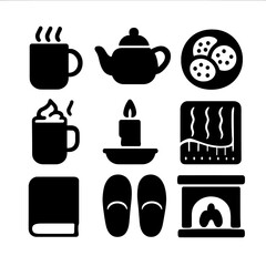Warm Cozy Icons. Solid, filled icon set of warm accessories and refreshments: mug, teapot, plate of cookies, hot chocolate, candle