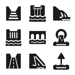 Water Channel Icons. Solid, filled icon set of water channels: irrigation ditch, canal lock, water flow, river gate, aqueduct,
