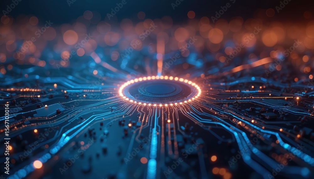 Poster illustration of futuristic tech circuit board. fiber optics, data flow concept. digital data streams