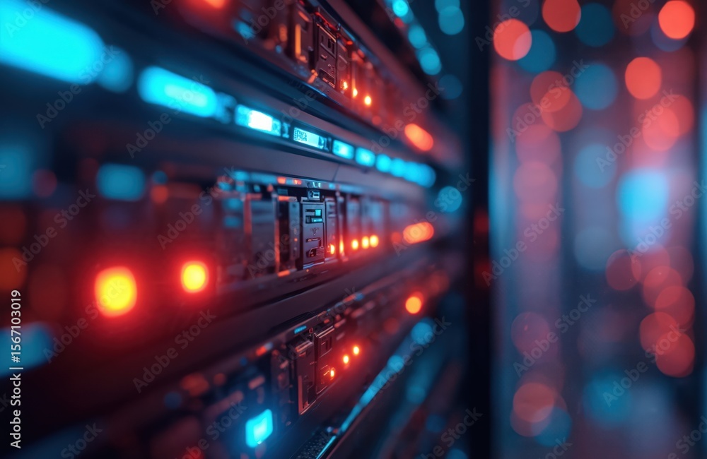 Poster illuminated server rack with glowing lights represents digital technology, data processing. bright b