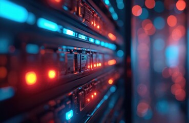 Obraz premium Illuminated server rack with glowing lights represents digital technology, data processing. Bright blue, red lights. Server data center, cloud computing, network communication. Modern innovation,