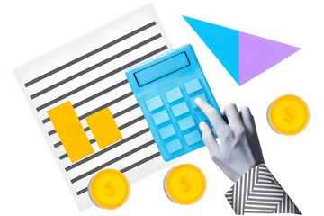 Hand with calculator, paper document and golden coins. Modern photo collage style. Illustration on transparent background