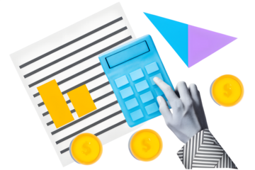 Hand with calculator, paper document and golden coins. Modern photo collage style. Illustration on transparent background